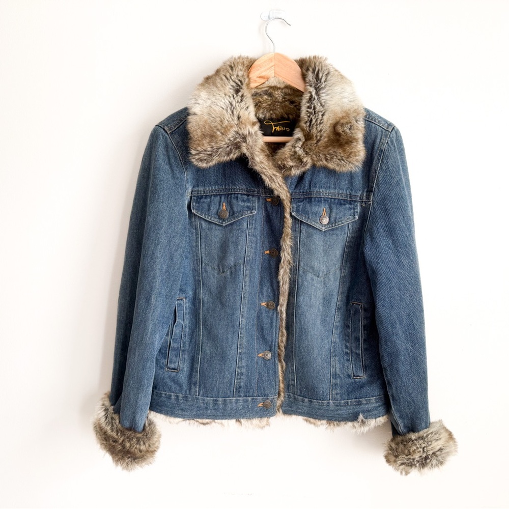 Vintage‎ Fabio women's L faux fur lined blue denim jacket Retro Y2K